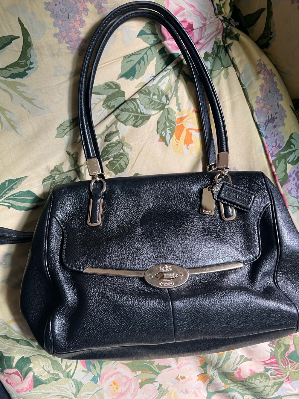 Coach Black Leather Shoulder Satchel with Silver Hardware